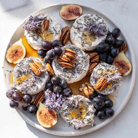 Photo shows a "Lavender Haze" cheese board with honey-drizzled goat cheese ready to serve.