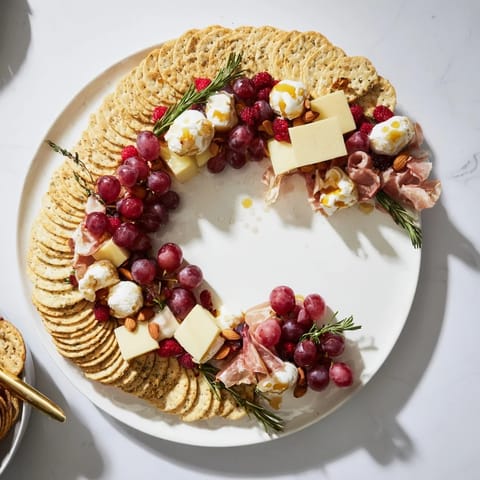 Vibrant Ouroboros Circle, a party appetizer with grapes, berries, cheese, and salami in a ring.