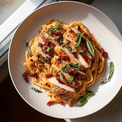 Golden chicken breasts are bathed in a creamy, red-hued Creamy Sun-Dried Tomato Chicken Skillet sauce.