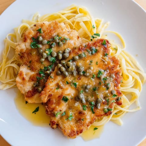 Al dente pasta topped with savory Quick Chicken Piccata Pasta, garnished with fresh parsley and lemons.