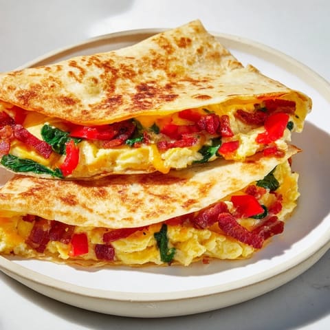 Warm and cheesy breakfast quesadilla, a quick and easy recipe with a perfectly folded, crispy tortilla.