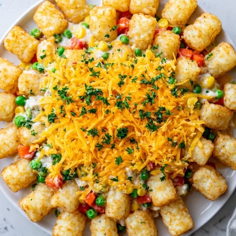 A warm, delicious photo of a freshly baked Tater Tot Casserole, bubbly cheese, and savory aromas.