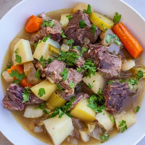 A steaming bowl of Welsh Cawl showcases succulent lamb, potatoes and carrots, perfect with crusty bread.