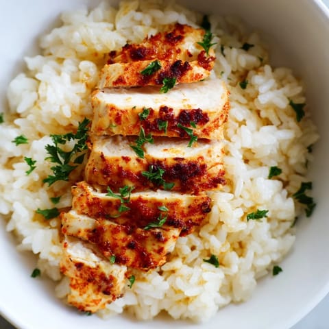 Savory Garlic Butter Rice features tender grains infused with herbs, crowned with juicy sliced grilled chicken for a hearty meal.  