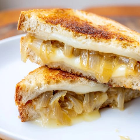 A close-up of a buttery, golden-brown Caramelized Onion & Gruyère Grilled Cheese, sliced to reveal the melted, savory filling.
