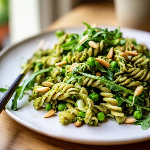 A close-up of Spring Green Pesto Pasta Salad featuring fresh basil pesto, crisp arugula, lemon zest, and golden toasted pine nuts for a spring picnic.