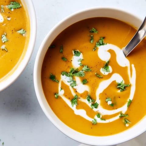 A close-up of creamy Carrot Ginger Soup in a rustic bowl, garnished with chopped parsley and a lemon wedge for a zesty finish.  