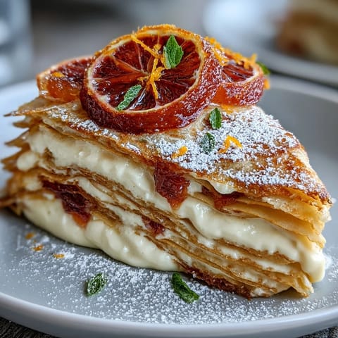 This beautifully sliced Blood Orange Curd Crêpe Cake reveals neat layers and fresh blood orange slices on a white dessert plate.  