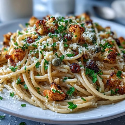 Steaming plate of Cauliflower, Anchovy and Raisin Spaghetti with fresh parsley and lemon zest garnish.