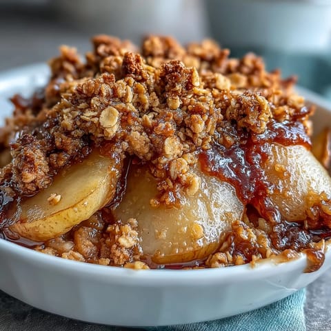 Warm serving of homemade Pear Crumble, topped with melting vanilla ice cream and a dollop of whipped cream on the side.