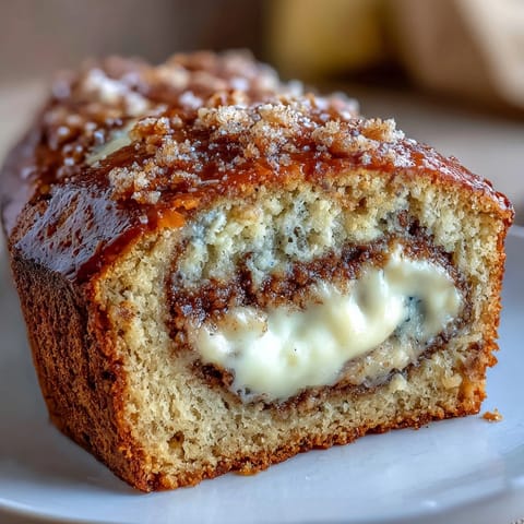 A slice of Cream Cheese Cinnamon Swirl Banana Bread is being lifted from the loaf, showing soft texture and ribbon of sweet cinnamon.