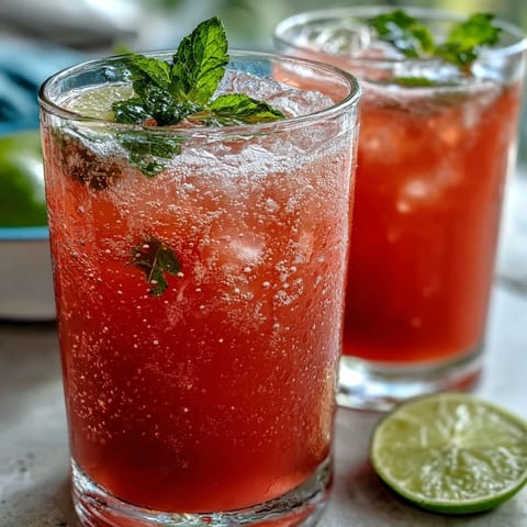 A tall glass of Guava Juice With Sparkling Water over ice, garnished with fresh mint and a bright lime wheel.