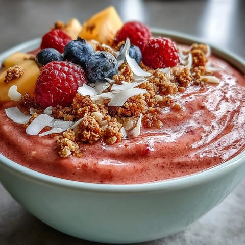 Creamy tropical Guava and Mango Smoothie Bowl garnished with chia seeds and mint leaves, ready to enjoy as a nourishing midday snack.