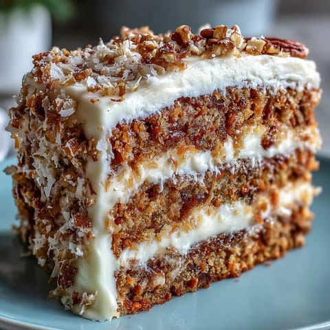 Frosted Christmas Hawaiian Carrot Pineapple Cake on a white platter, garnished with toasted coconut, ready for a holiday celebration.