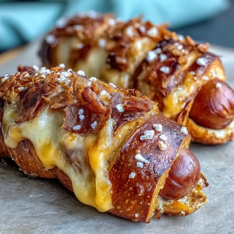 Golden-brown Soft Baked Cheesy Pretzel Dogs rest on a cooling rack, showing melted cheddar oozing from the pretzel crust.