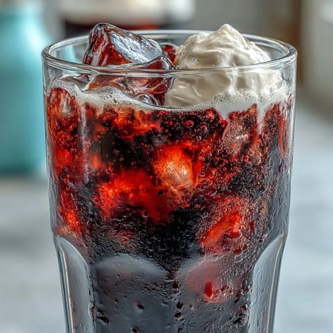 Cold Midnight Malibu Dirty Soda layered over ice, drizzled with blackberry syrup and coconut cream.