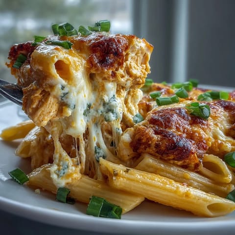 Freshly baked Creamy Buffalo Ranch Chicken Pasta Bake with melted mozzarella and cheddar cheese, served golden and bubbly.