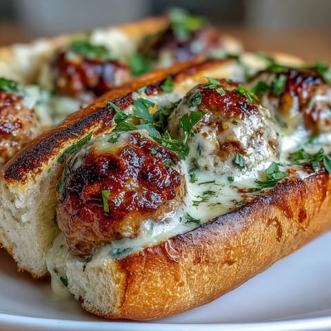 Golden baked turkey meatballs coated in creamy garlic-Parmesan sauce, piled high on buttery toasted bread.