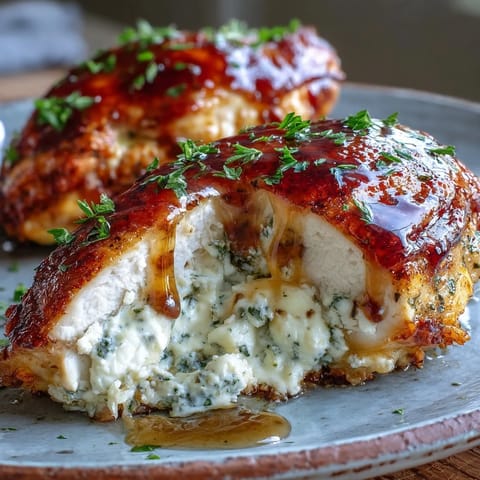 Golden-brown, oven-roasted Hot Honey Ricotta Stuffed Chicken breasts resting on a platter with a fresh herb garnish.