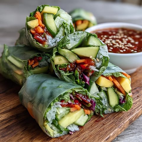 Vegan Mango Avocado Spring Rolls are plated with a sweet chili dip, showcasing bright mango and avocado slices.