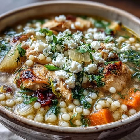 Greek Chicken & Pearl Couscous Soup steaming in a white bowl with crumbled feta and fresh dill.
