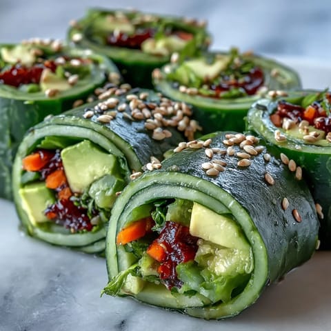 Light Cucumber Avocado Rolls with Sesame displayed on a white plate with a small dipping bowl nearby, served as a refreshing snack.