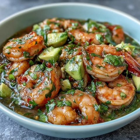 Vibrant lime-marinated shrimp ceviche bursting with chilli heat, creamy avocado, and crisp cucumber for a refreshing appetizer.  