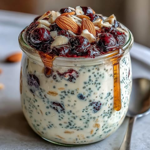 Creamy overnight oats with chia seeds, fresh blueberries, and honey in glass jars for easy meal prep.  