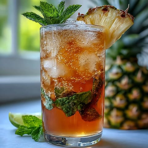 A tall glass filled with sparkling pineapple ginger fizz, garnished with fresh mint and lime slices for a refreshing summer drink.  