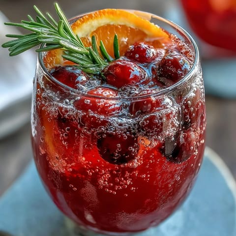 Vibrant orange cranberry sparkler with rosemary, garnished with fresh orange slices and cranberries in a tall glass.