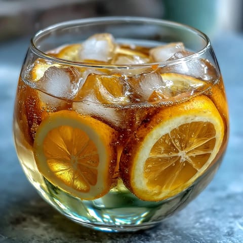 Sparkling citrus punch with orange and lemon slices served in a clear glass punch bowl with ice and mint.  
