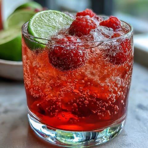 Refreshing raspberry lime spritz with muddled berries, lime slices, and sparkling water in ice-filled glasses, garnished with fresh mint.