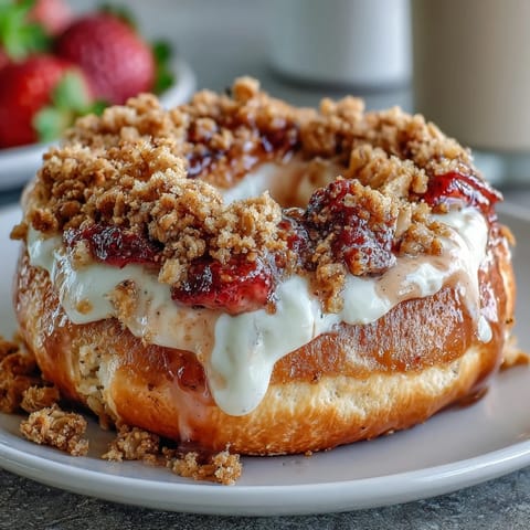 Strawberry cheesecake protein bagels with crumble topping, soft and golden, filled with creamy cheesecake and topped with a sweet oat crumble.