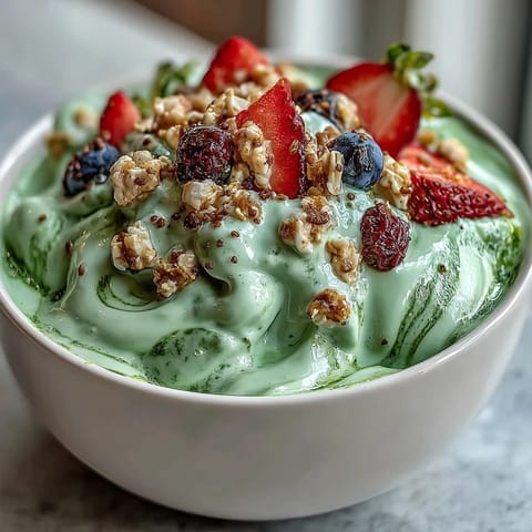 Fluffy Yogurt Matcha Latte Smoothie Bowl with fresh fruit and crunchy granola, a vibrant and nourishing breakfast treat.