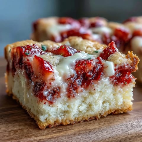 Strawberry cookie bars with white chocolate chunks baked to golden perfection, bursting with juicy fresh berries and creamy sweet morsels.