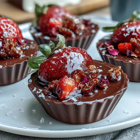 Luxurious dark chocolate cups filled with fresh strawberries and fragrant pistachio crunch, inspired by Middle Eastern flavors and rosewater elegance.  