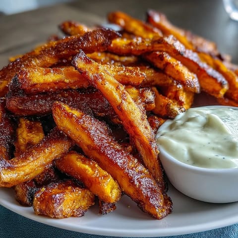 Crispy air fryer sweet potato fries with golden edges, served alongside a creamy garlic aioli for dipping.  