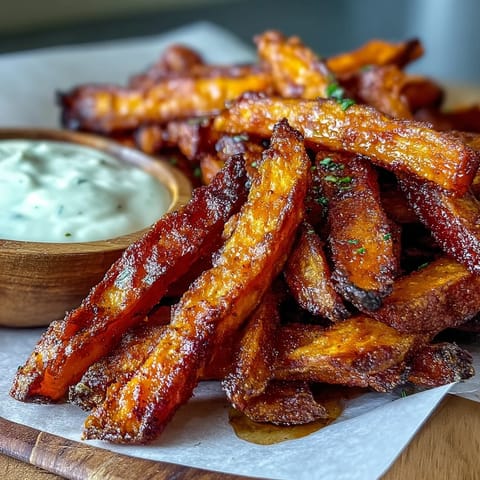 Healthy sweet potato fries made in the air fryer, perfectly seasoned and paired with zesty homemade garlic aioli.  