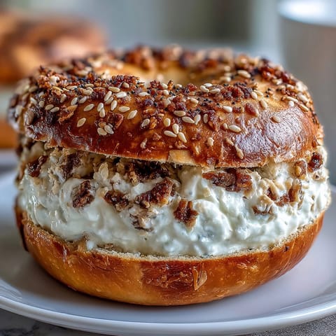 Soft, chewy high-protein bagels topped with everything seasoning, served with creamy Greek yogurt everything dip.