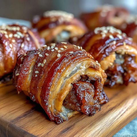 Warm golden puff pastry pigs in a blanket with cocktail sausages, perfect for game day snacking with tangy mustard dip.