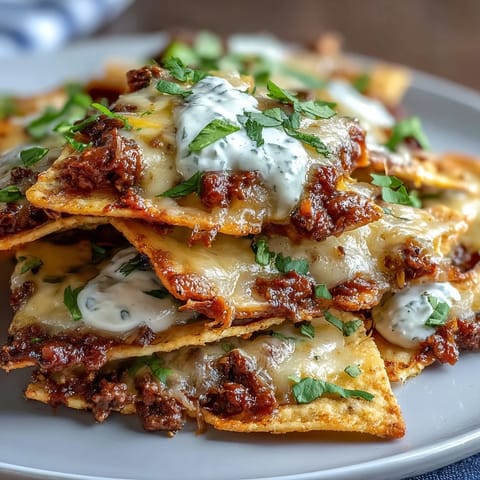 Crispy tortilla chips loaded with juicy seasoned beef and creamy cheese sauce, topped with tangy jalapeños and fresh garnishes.  