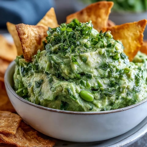 Creamy avocado and edamame guacamole served with crisp golden pita chips for a healthy snack.  