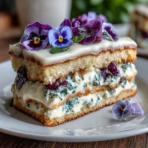 Spring cake with pressed edible flowers, vanilla layers frosted with whipped cream and adorned with delicate blooms.