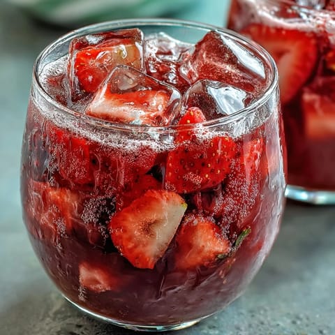 Vibrant pink strawberry açaí refresher with fresh fruit slices and ice, perfect for a refreshing summer beverage.
