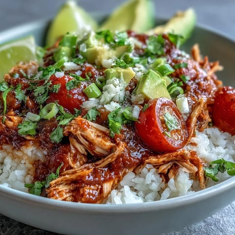 Salsa Chicken Bowls with shredded chicken, black beans, and corn, topped with fresh avocado and cilantro.  