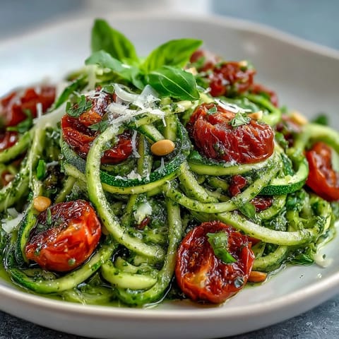 Fresh zucchini noodles tossed with vibrant basil pesto and juicy cherry tomatoes, a light and healthy vegetarian dinner.  