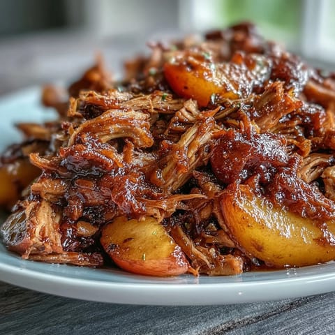Juicy Honey Peach BBQ Pulled Pork slow-cooked until tender, served on a bun with a sweet and smoky glaze.