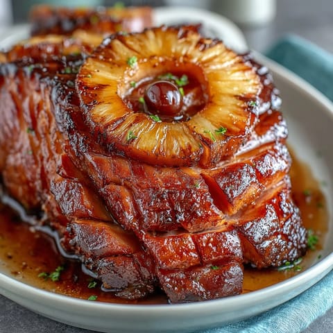 2. Golden baked ham glazed in honey, adorned with pineapple and cherries for a sweet, savory holiday main.  