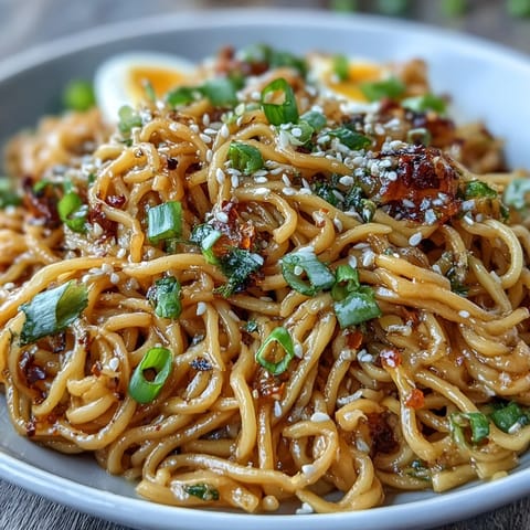 Chewy ramen noodles tossed in a fragrant garlic butter sauce, garnished with toasted sesame seeds and fresh green onions for an irresistible, easy meal.