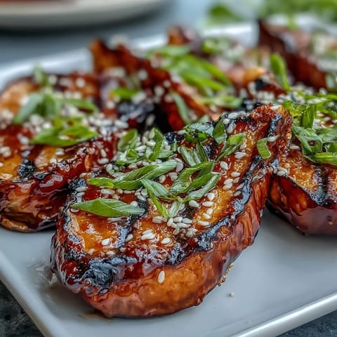 Miso Glazed Eggplant recipe photo with beautifully caramelized, tender roasted eggplant halves.